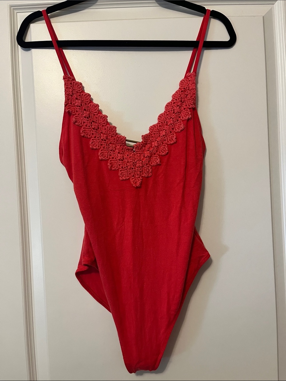 Lace-Trim Red Bodysuit with Spaghetti Straps